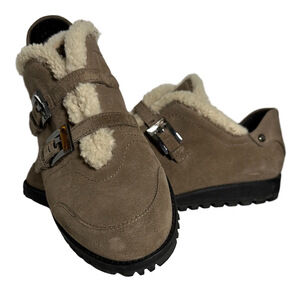 Stuart Weitzman Shearling Buckle Suede Sneakers – Taupe – Size 9